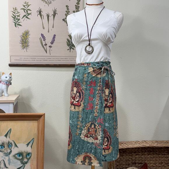 Vintage 90s Y2k Vol 1 Buddha Print Asian Inspired Tie Wrap Skirt Hippie Boho S - Picture 1 of 10